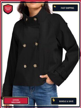 Cropped Trench Coat Funnel Neck Breasted Fall Jacket with Pockets